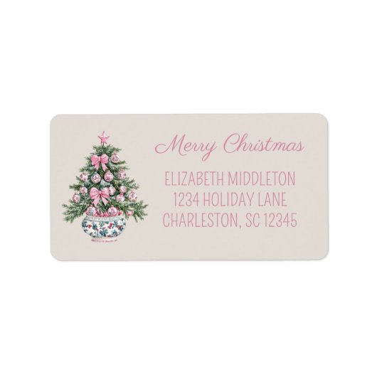 Preppy Roze en Groene Chinoiserie Kerstboom Etiket (Voorkant)