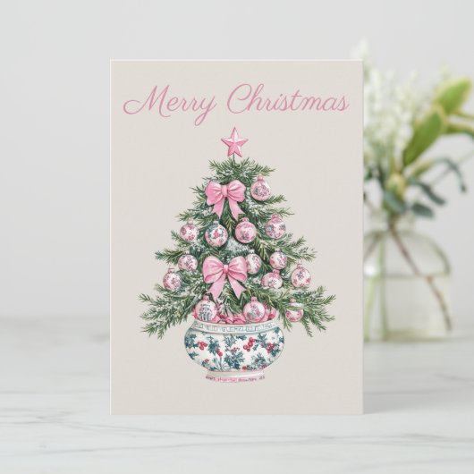Preppy Roze en Groene Chinoiserie Kerstboom Feestdagenkaart (Staand voorkant)