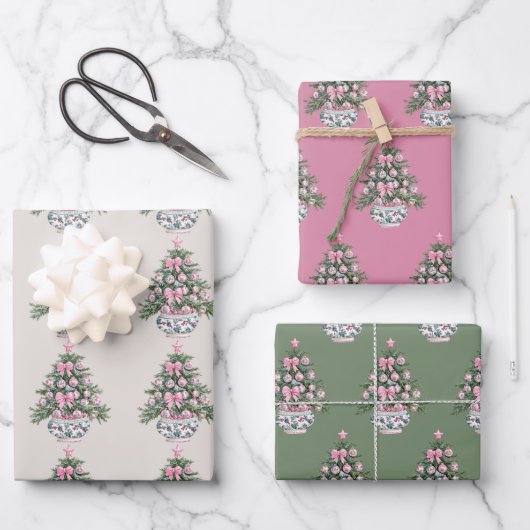 Preppy Roze en Groene Chinoiserie Kerstboom Inpakpapier Vel (Voorkant)