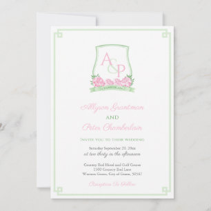 Preppy roze en groene hortensia crest bruiloft kaart