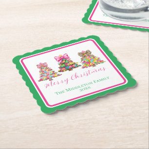 Preppy Roze en Groene Kerstbomen Kartonnen Onderzetters