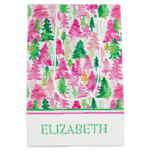 Preppy roze en groene kerstbomen medium cadeauzakje (Achterkant)