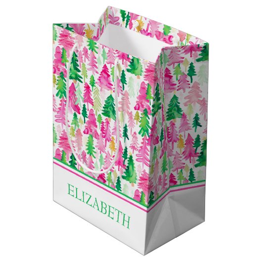 Preppy roze en groene kerstbomen medium cadeauzakje (Achterkant Gekanteld)