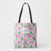 Preppy Roze en Groene Kerstbomen Monogram Draagtas (Voorkant)