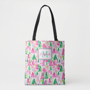 Preppy Roze en Groene Kerstbomen Monogram Draagtas