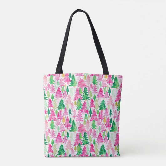 Preppy Roze en Groene Kerstbomen Monogram Draagtas (Achterkant)