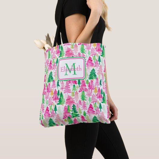 Preppy Roze en Groene Kerstbomen Monogram Draagtas (Dichtbij)