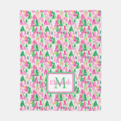 Preppy Roze en Groene Kerstbomen Monogram Fleece Deken (Voorkant)