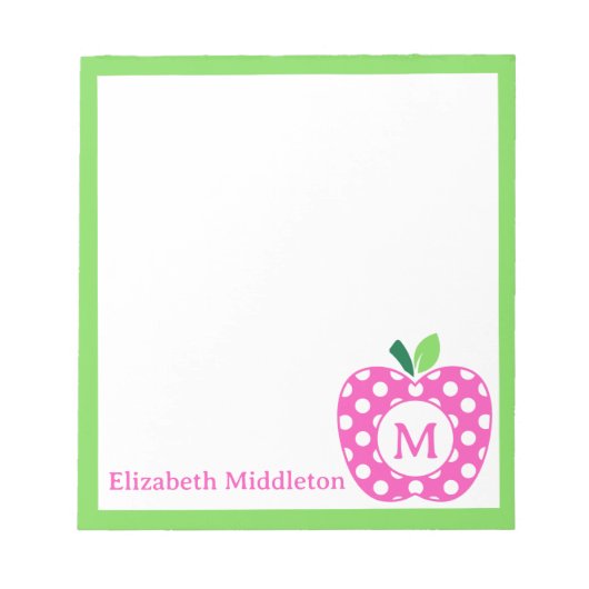Preppy Roze en Groene Polka Dot Apple Monogram Notitieblok (Voorkant)