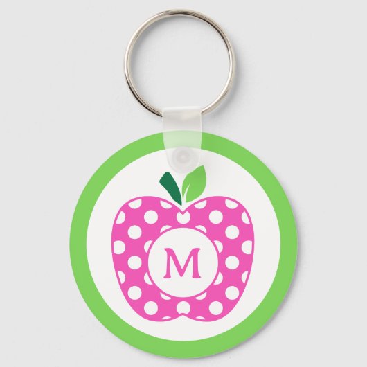Preppy Roze en Groene Polka Dot Apple Monogram Sleutelhanger (Voorkant)