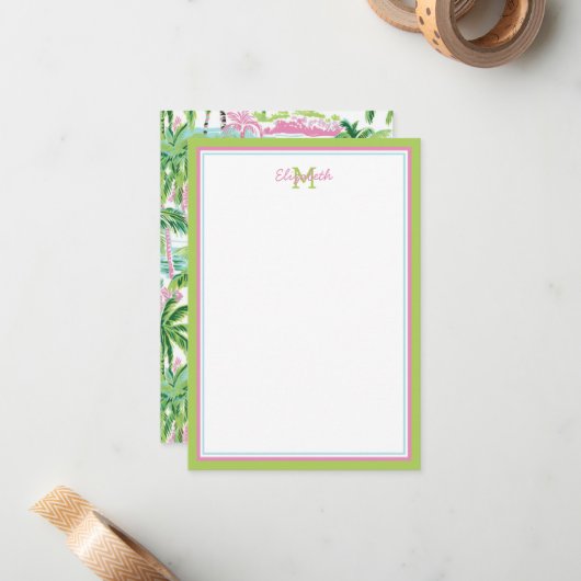 Preppy roze en groene tropische palmboom notitiekaartje (Voorkant / Achterkant in situ)