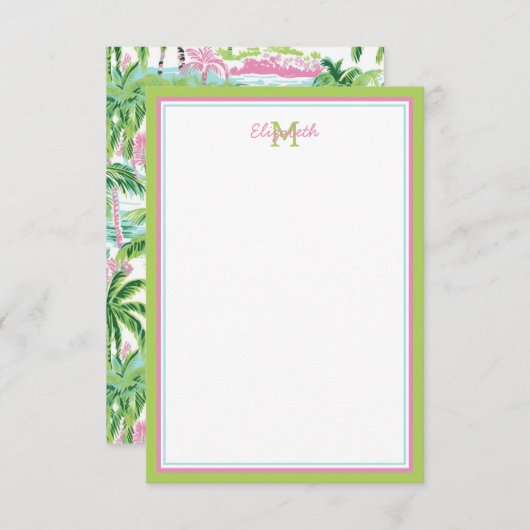 Preppy roze en groene tropische palmboom notitiekaartje (Voorkant / Achterkant)