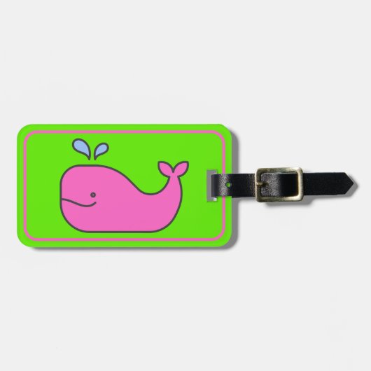 Preppy roze en groene walvis gepersonaliseerd bagagelabel (Voorkant horizontaal)