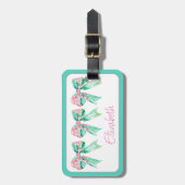 Preppy Roze en Turquoise Bloemenbogen Gepersonalis Bagagelabel (Voorkant verticaal)