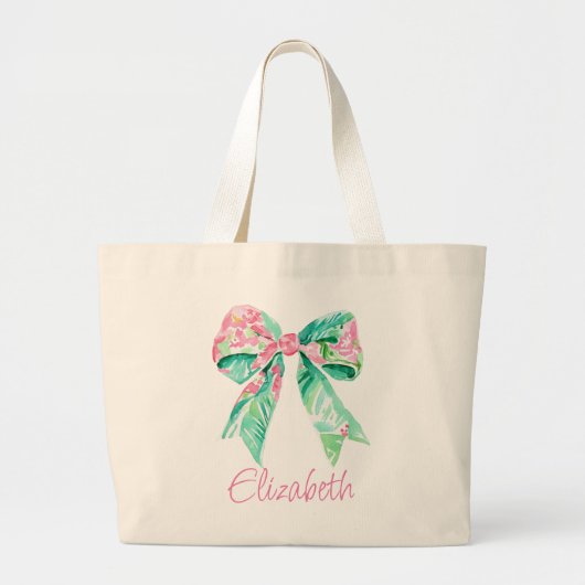 Preppy Roze en Turquoise Bloemenbogen Gepersonalis Grote Tote Bag (Voorkant)