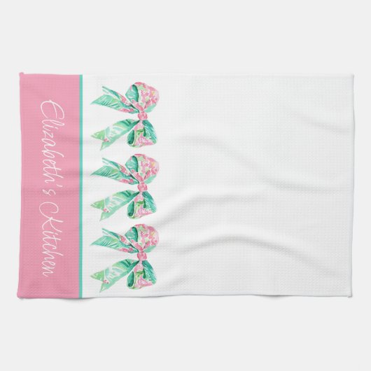 Preppy Roze en Turquoise Bloemenbogen Gepersonalis Theedoek (Horizontaal)
