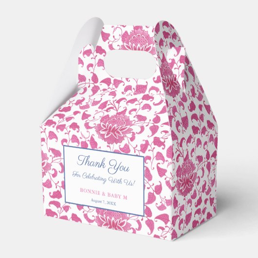 Preppy Roze en Witte Chinoiserie Baby Meisje Douch Bedankdoosjes (Achterkant)