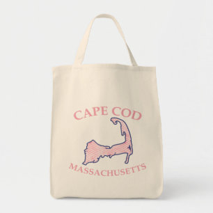 Preppy Roze Gestreepte Cape Cod Silhouette Grocery Tote Bag