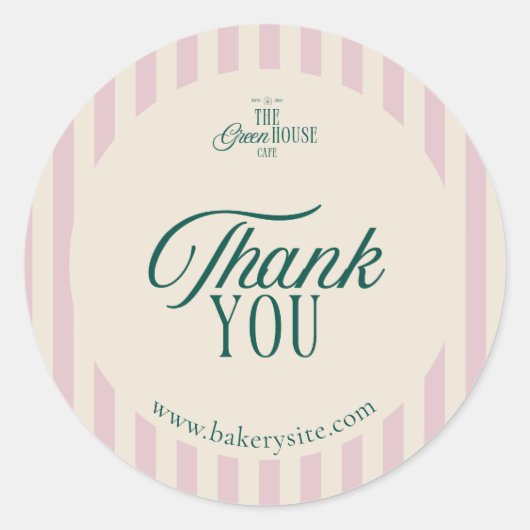 Preppy Roze Gestreepte Retro Business Logo Dank u Ronde Sticker (Voorkant)