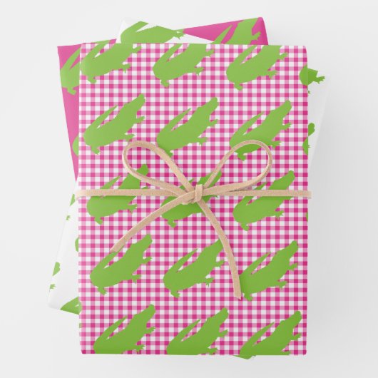 Preppy roze gingham groene alligator kleurrijke pl inpakpapier vel (In situ)