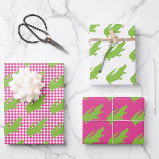 Preppy roze gingham groene alligator kleurrijke pl inpakpapier vel (Voorkant)