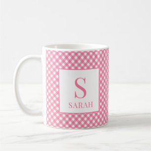 Preppy Roze Gingham Streep Monogram Naam Koffiemok