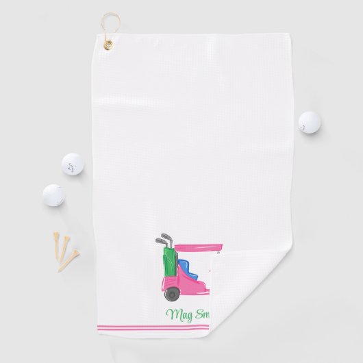 Preppy roze golfkar gepersonaliseerd gestreept golfhanddoek (Insitu)