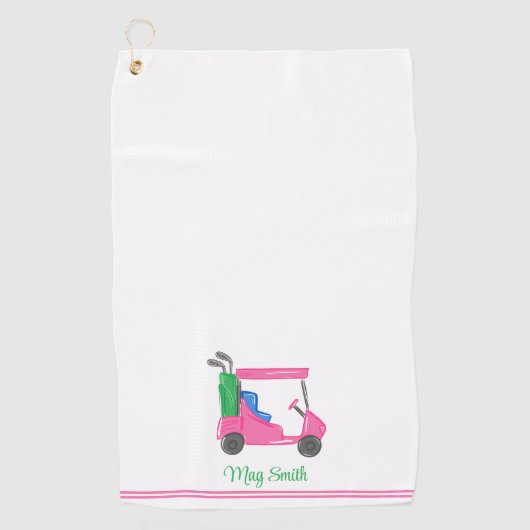 Preppy roze golfkar gepersonaliseerd gestreept golfhanddoek (Voorkant)