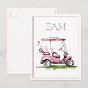 Preppy Roze Golfkar Monogram Briefkaart