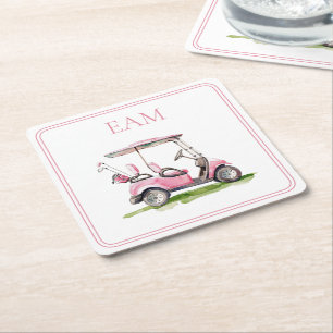 Preppy roze golfkar Monogram Vierkante Kartonnen Onderzetter