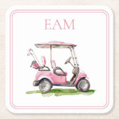Preppy roze golfkar Monogram Vierkante Kartonnen Onderzetter (Voorkant)