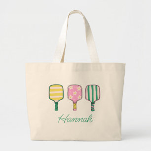 Preppy Roze Groen Geel Pickleball Gepersonaliseerd Grote Tote Bag