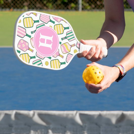 Preppy Roze Groen & Geel Pickleball Monogram Paddle (Insitu)