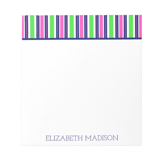 Preppy Roze Groen Marineblauw Streep Monogram Notitieblok (Voorkant)