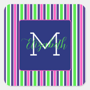 Preppy Roze Groen Navy Blauwe Streep Monogram Vierkante Sticker
