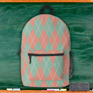 Preppy Roze & Groene Argyle Print Monogram Initial Bedrukte Rugzak