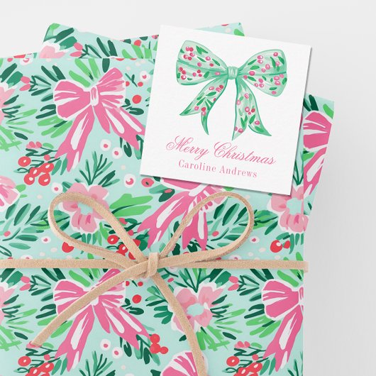 Preppy Roze & Groene Kerst Bow Gift Behuizing Notitiekaartje