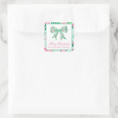 Preppy Roze & Groene Kerst Bow Gift Vierkante Sticker (Tas)
