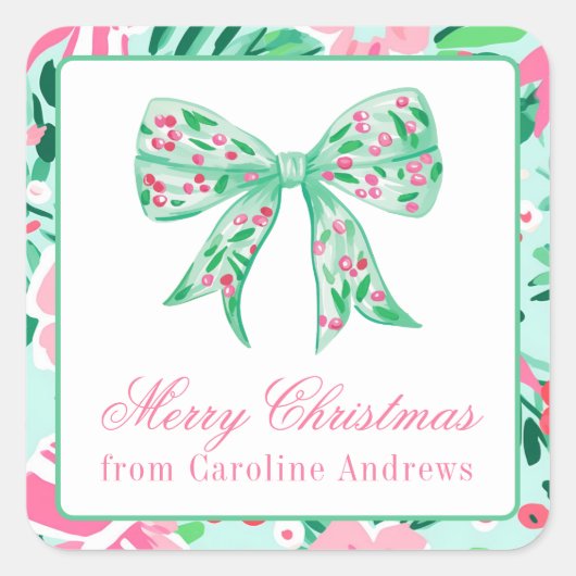 Preppy Roze & Groene Kerst Bow Gift Vierkante Sticker (Voorkant)