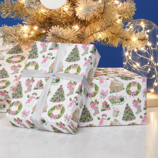 Preppy Roze & Groene Kerst Cadeaupapier (Feestdagen)