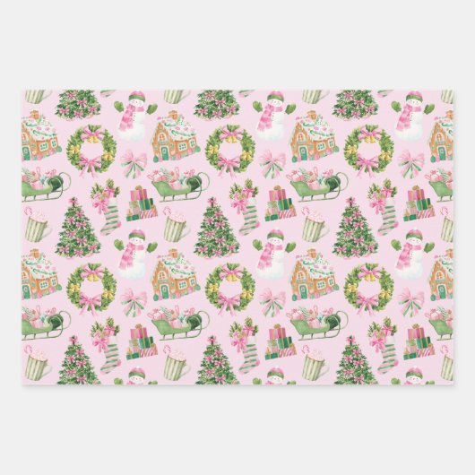 Preppy Roze & Groene Kerst Inpakpapier Vel (Voorkant 2)