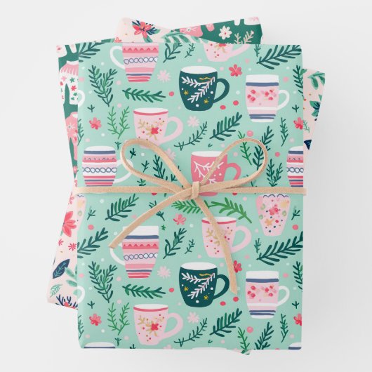 Preppy Roze & Groene Kerst Mokken Truien & Petten Inpakpapier Vel (In situ)