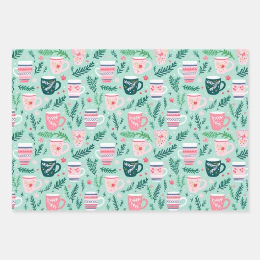 Preppy Roze & Groene Kerst Mokken Truien & Petten Inpakpapier Vel (Voorkant)