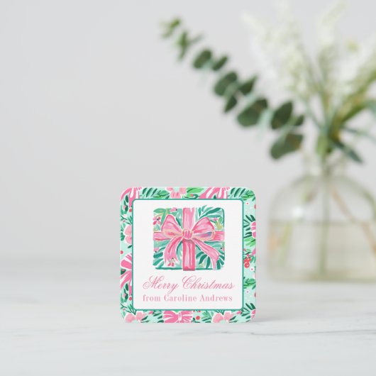 Preppy Roze & Groene Kerst Present Behuizing Notitiekaartje (Staand voorkant)