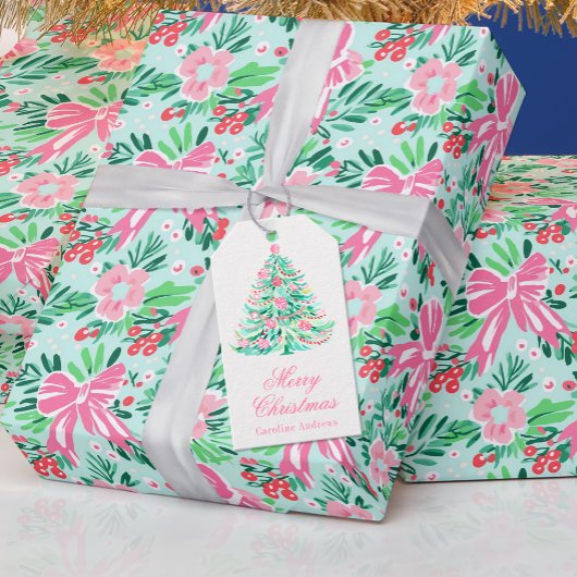 Preppy Roze & Groene Kerstboom Cadeaulabel