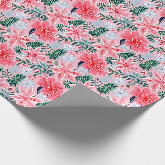 Preppy Roze & Groene Kerstmis Poinsettias Cadeaupapier (Hoek)