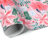 Preppy Roze & Groene Kerstmis Poinsettias Cadeaupapier (Rol Hoek)