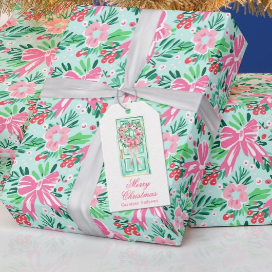 Preppy Roze & Groene Kerstmiskransdeur Cadeaulabel