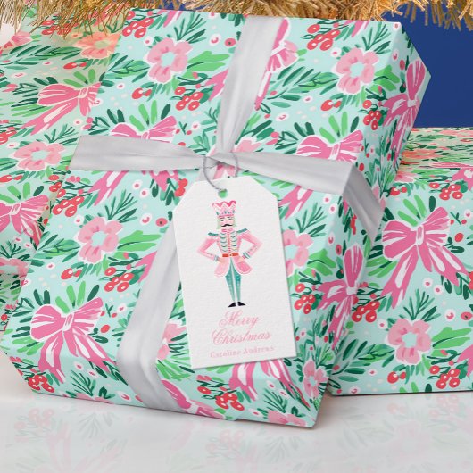 Preppy Roze & Groene Kerstmisnotenkraker Cadeaulabel