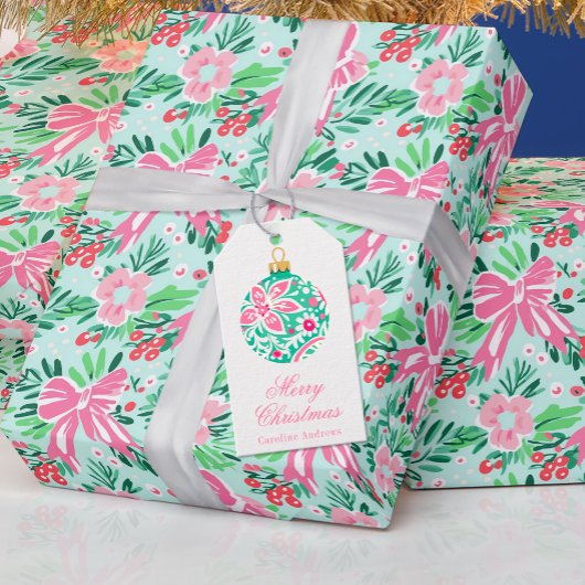 Preppy Roze & Groene Kerstversiering Cadeaulabel
